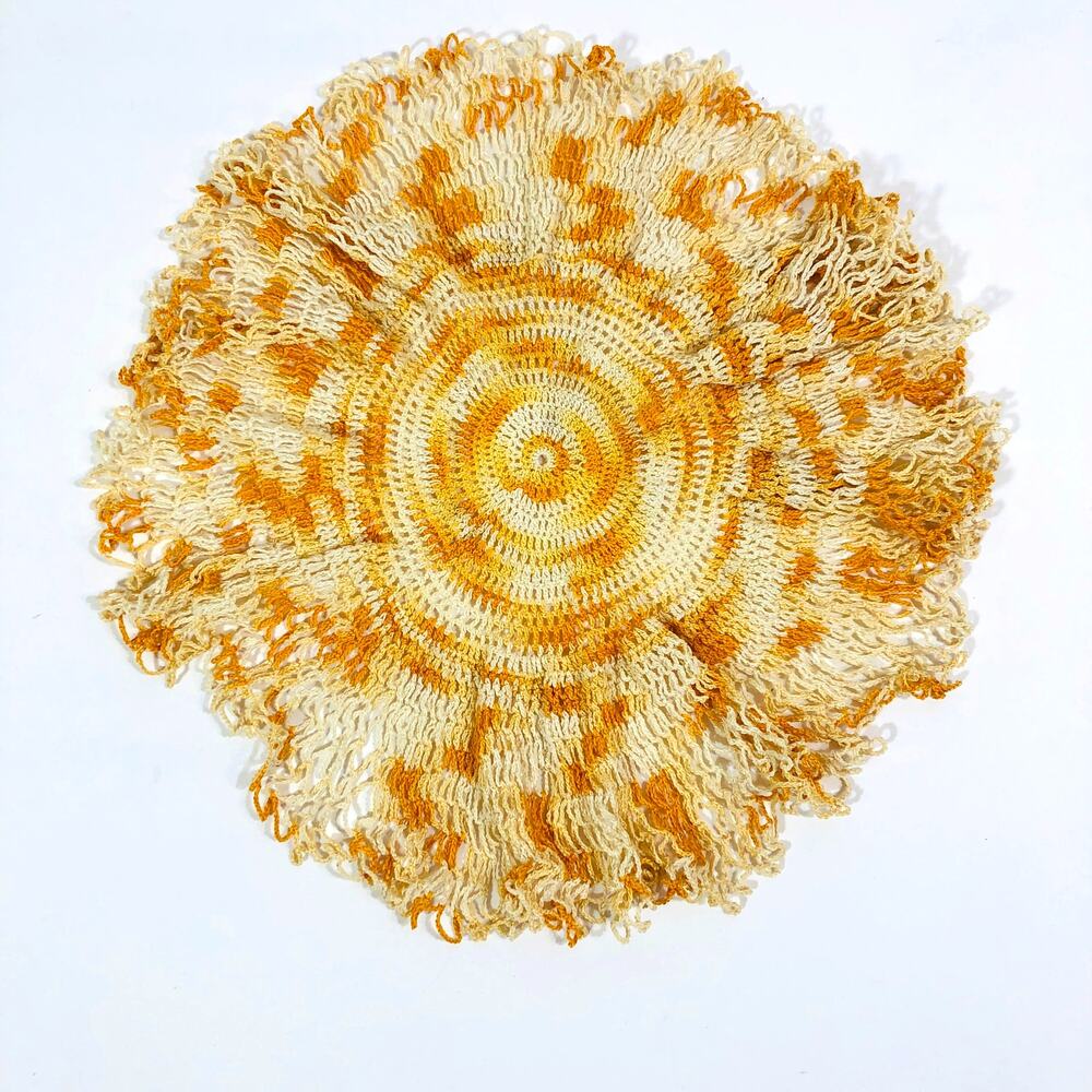 Vintage Yellow and White Crochet Doily Frilly Lace Handmade Retro
